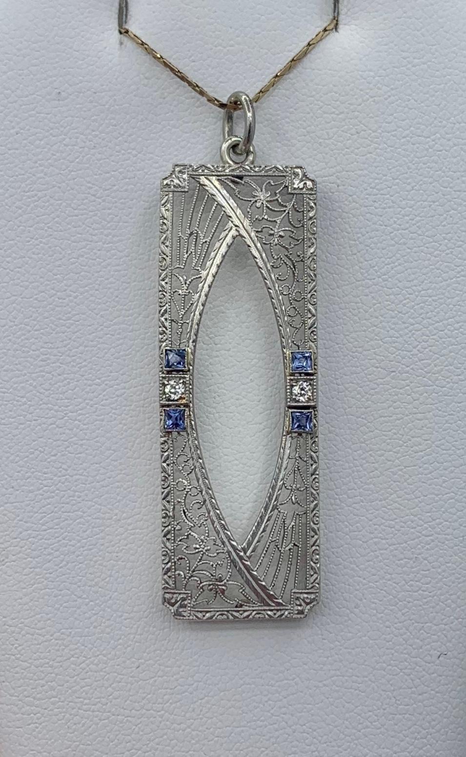 Art Deco Sapphire Old Mine Diamond Pendant Lavalier Necklace Filigree White Gold For Sale 2