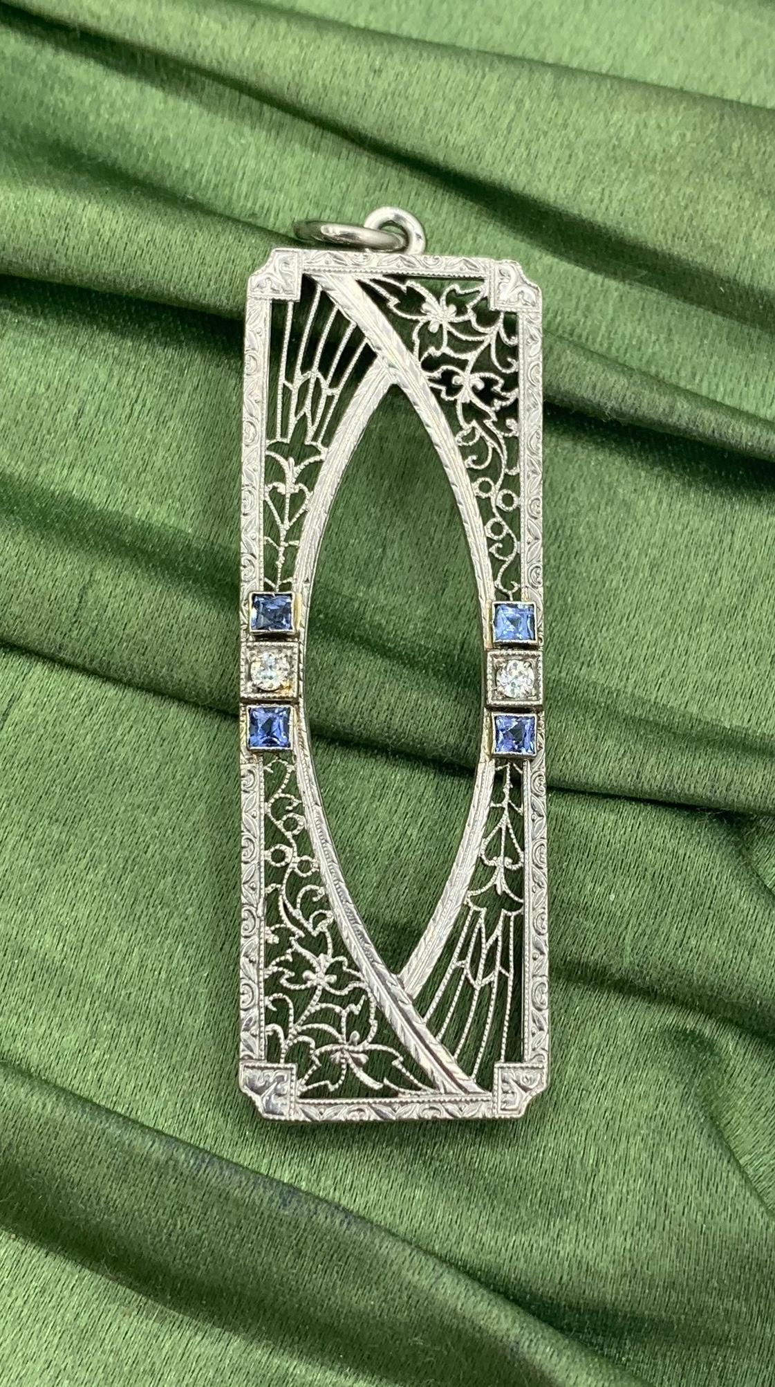 Art Deco Sapphire Old Mine Diamond Pendant Lavalier Necklace Filigree White Gold For Sale 3