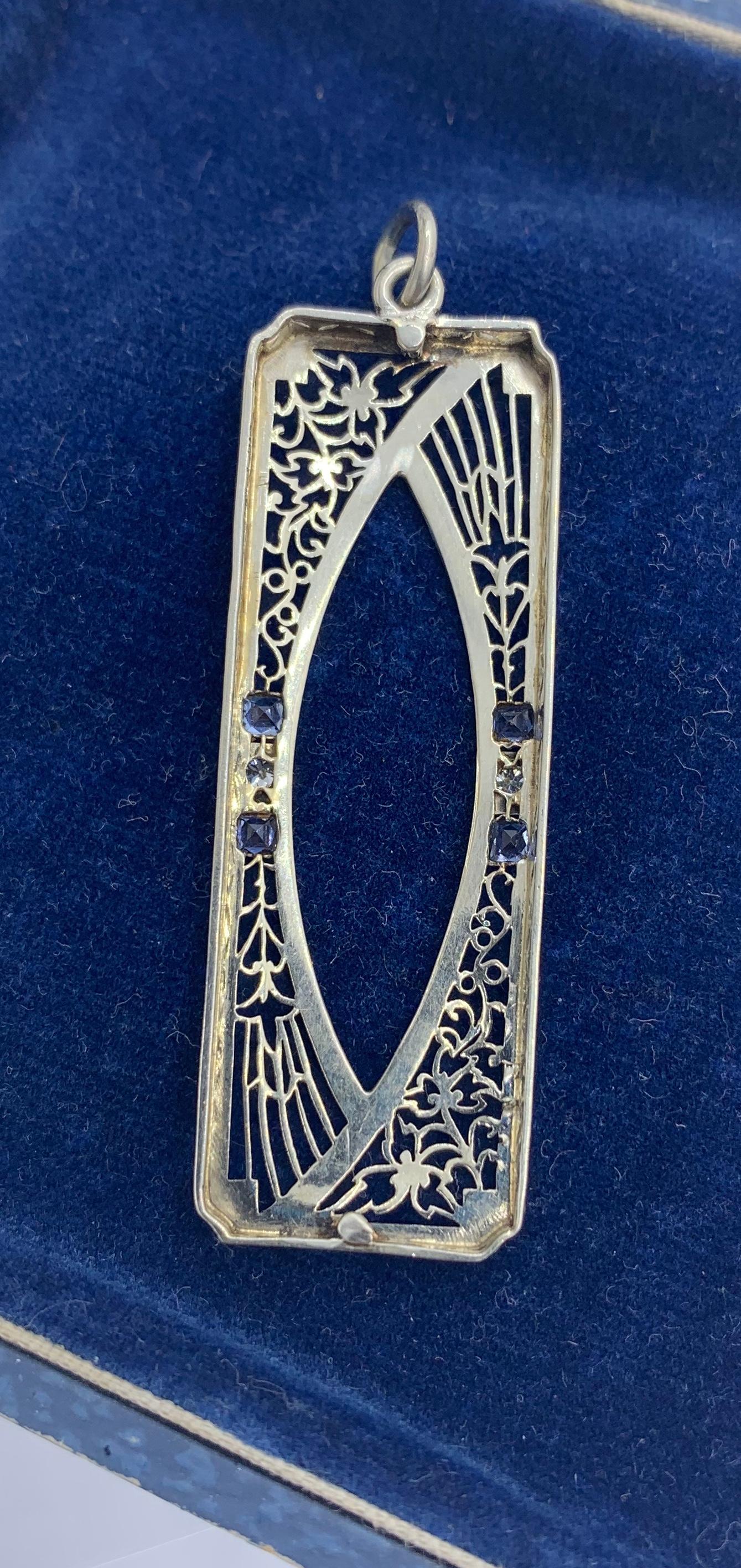 Art Deco Sapphire Old Mine Diamond Pendant Lavalier Necklace Filigree White Gold For Sale 4