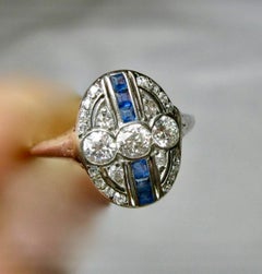 Art Deco Sapphire OMC Diamond Ring Wedding Engagement 14K White Gold Edwardian