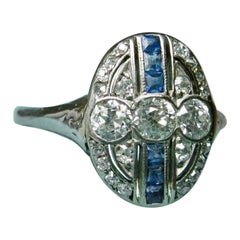 Antique Art Deco Sapphire OMC Diamond Ring Wedding Engagement 14K White Gold Edwardian