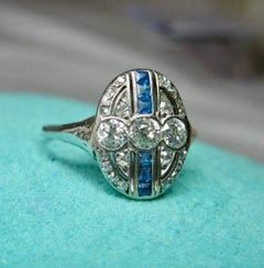 Art Deco Sapphire OMC Diamond Ring Wedding Engagement 14K White Gold Edwardian