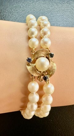 Art Deco Sapphire Pearl Bracelet 14 Karat Gold Double Strand Hollywood Regency
