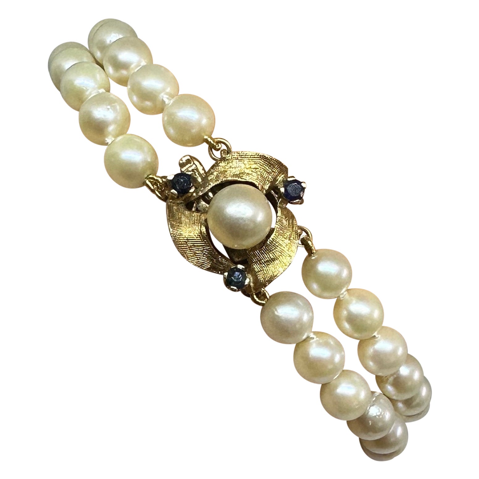 Bracciale Art Deco con perle e zaffiri in oro 14 carati a doppio filo Hollywood Regency