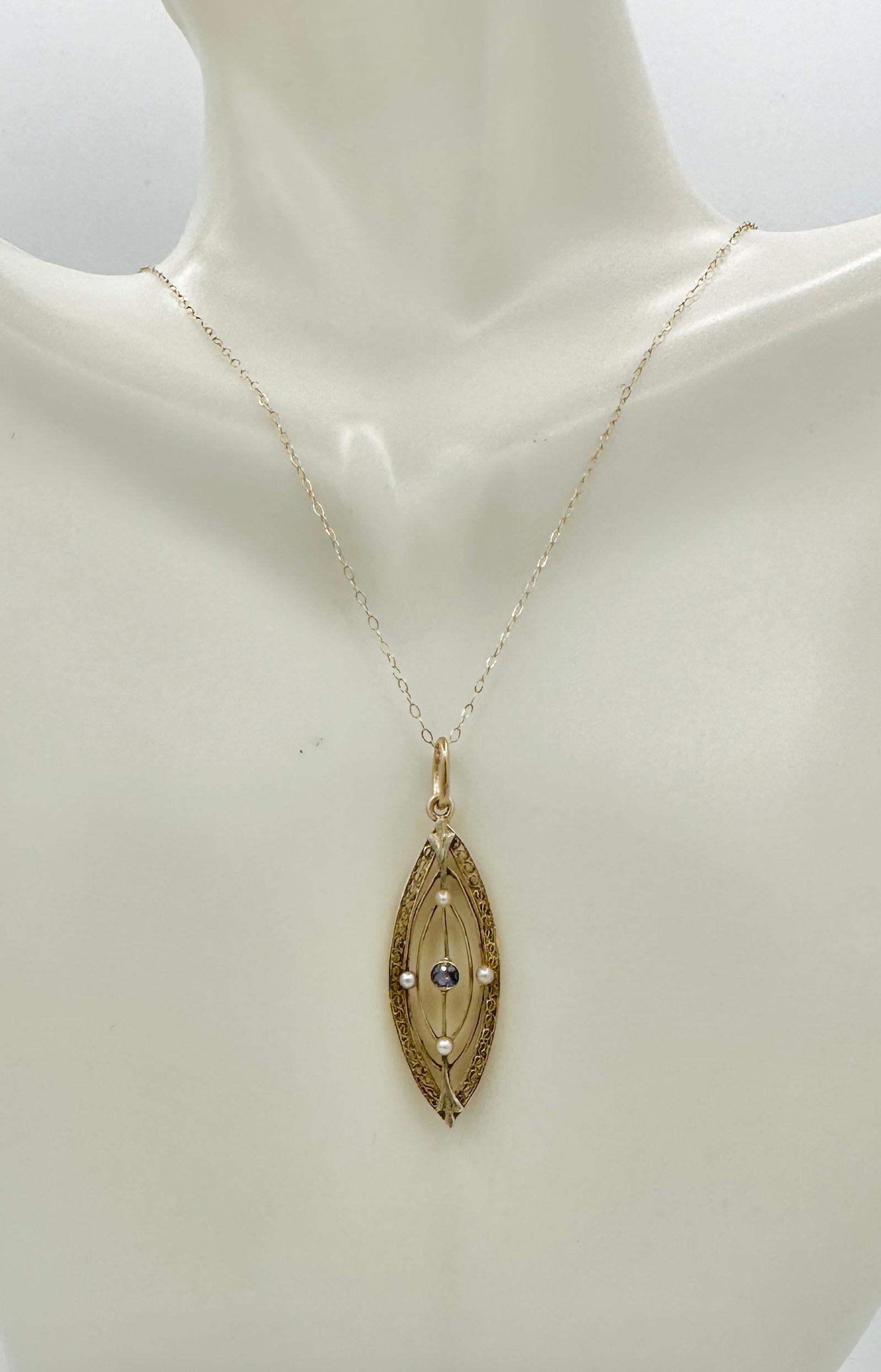 Round Cut Art Deco Sapphire Pearl Pendant Lavalier Necklace Antique Filigree 14 Karat For Sale