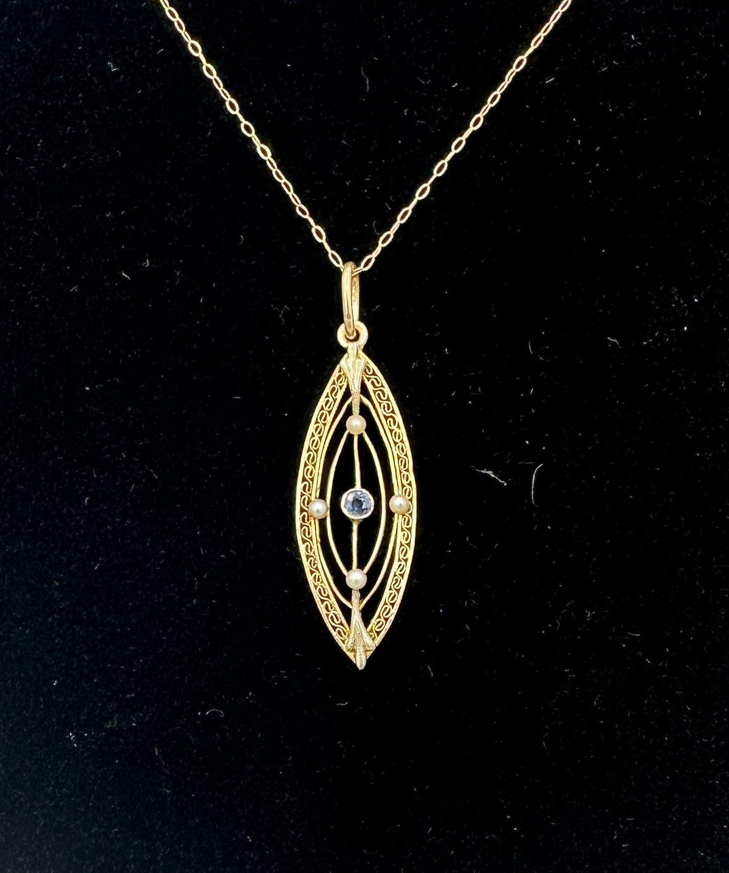Art Deco Sapphire Pearl Pendant Lavalier Necklace Antique Filigree 14 Karat For Sale 1