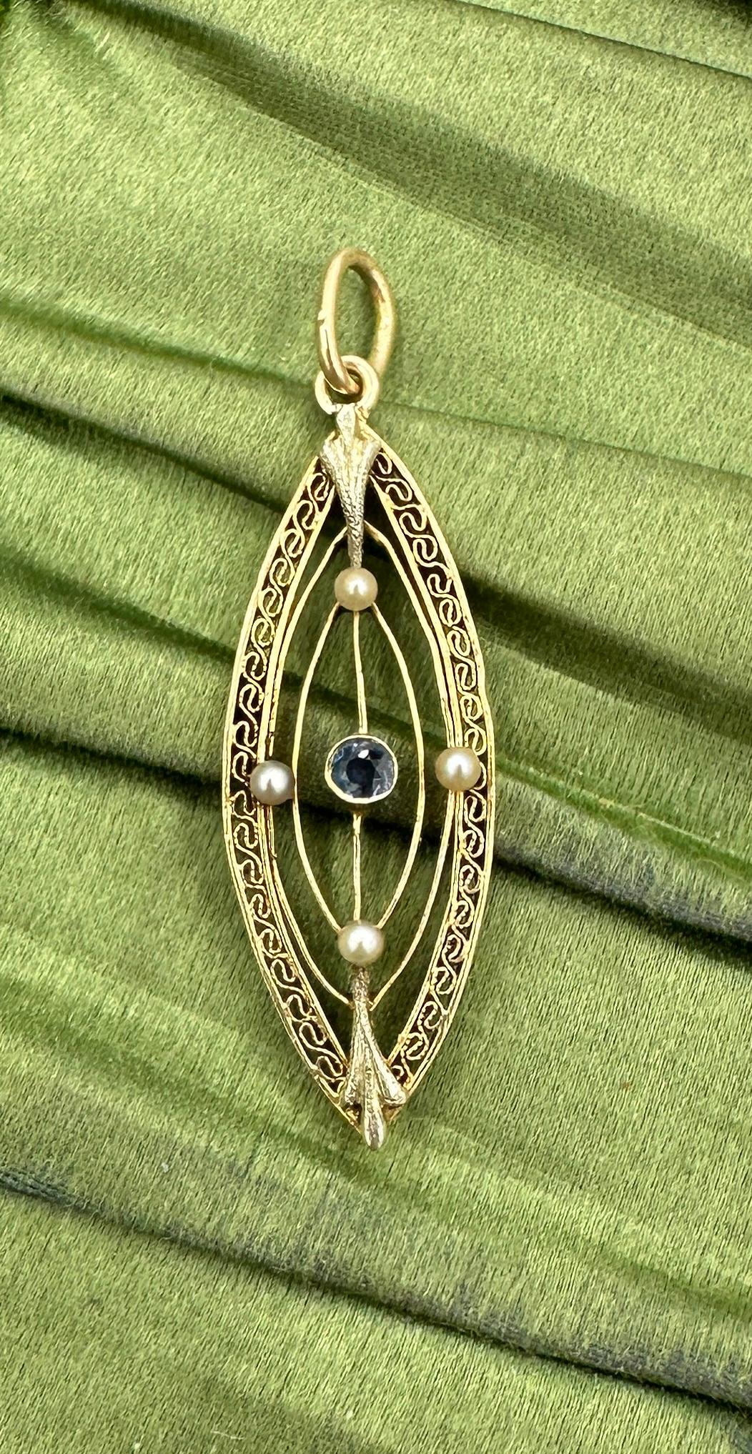 Art Deco Sapphire Pearl Pendant Lavalier Necklace Antique Filigree 14 Karat For Sale 2