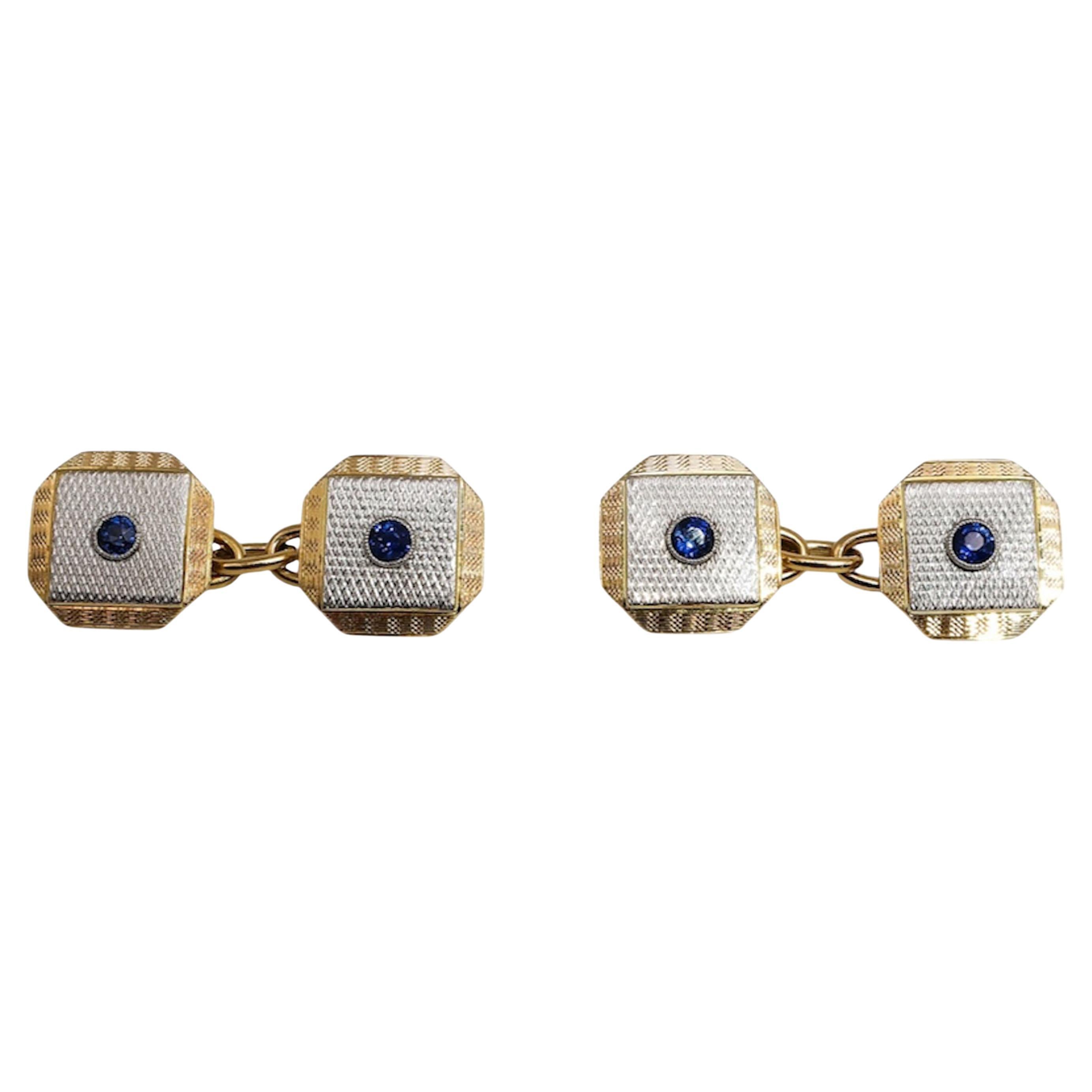 Art Deco Sapphire Platinum and Gold Cufflinks, Circa 1930