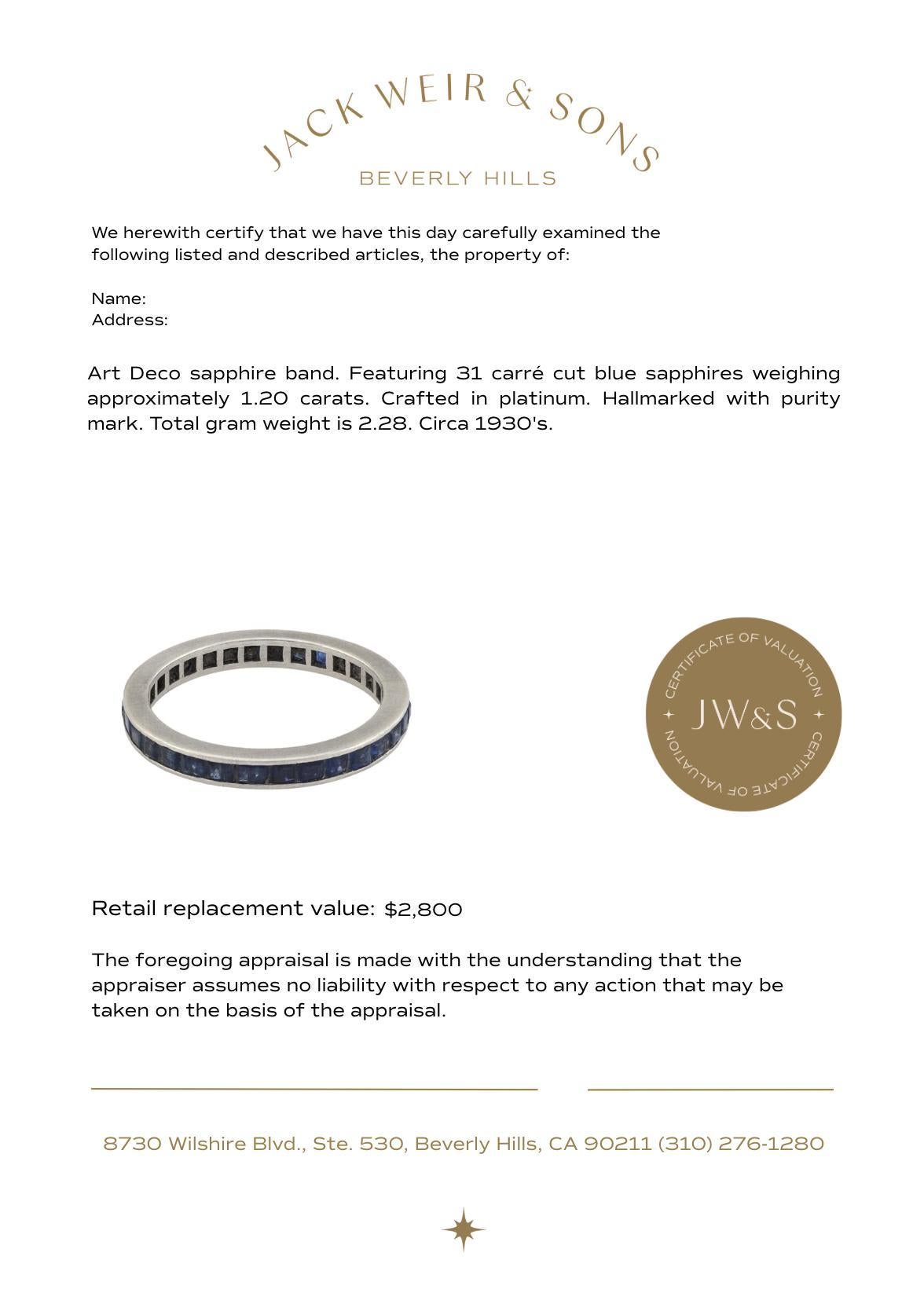 Bracelet d'éternité Art déco en saphir et platine Bon état - En vente à Beverly Hills, CA