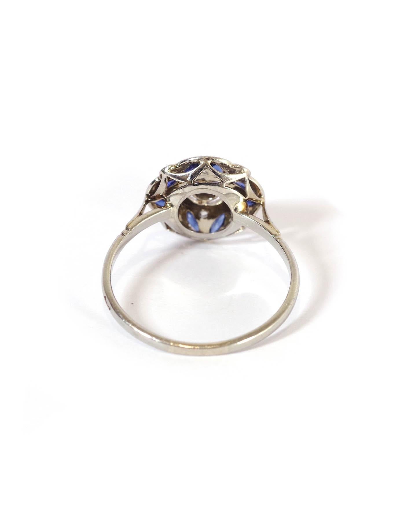 Rose Cut Art Deco sapphire platinum ring in 18k gold and platinum, Edwardian target ring For Sale
