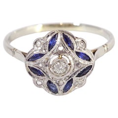 Anillo Art Déco de oro de 18 quilates y platino con zafiro, anillo objetivo eduardiano