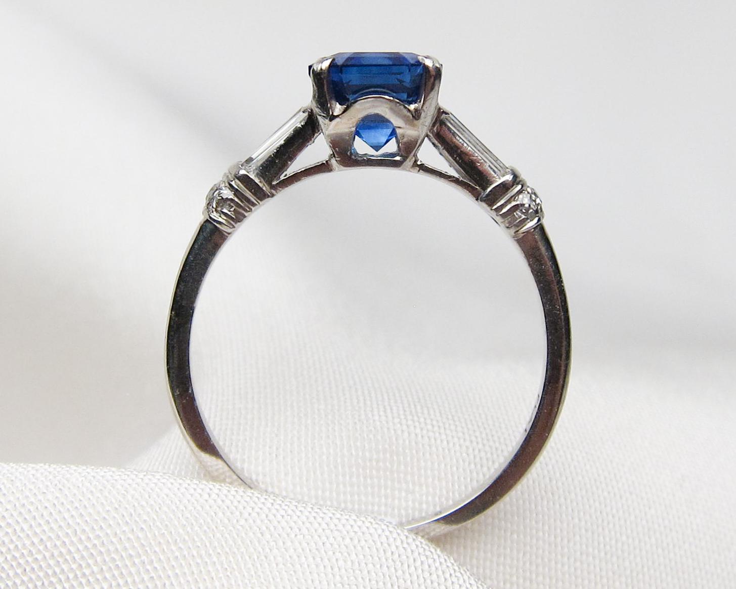 Women's Art Deco Sapphire Platinum Ring with Baguette Diamond Accents For Sale