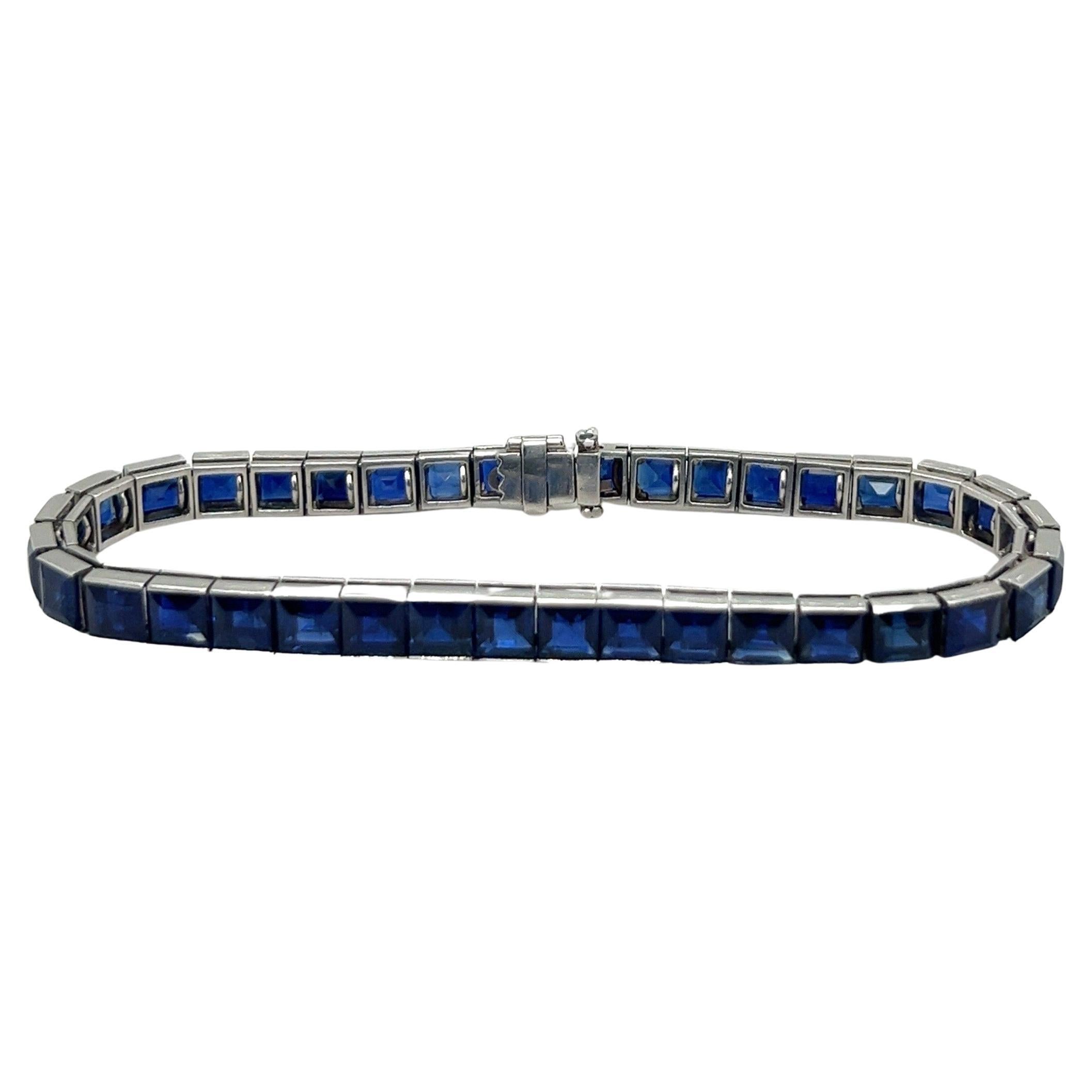 Art Déco Sapphire Platinum Rivère / Tennis Bracelet For Sale
