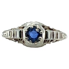 Anello con zaffiro Art Deco 1/2ct Round Solitaire Filigree Originale 1930's Antique