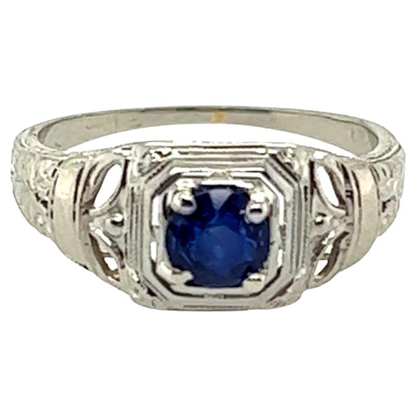 Art Decó Anillo Zafiro 1/2ct Redondo Solitario Original 1930s Antiguo 18k