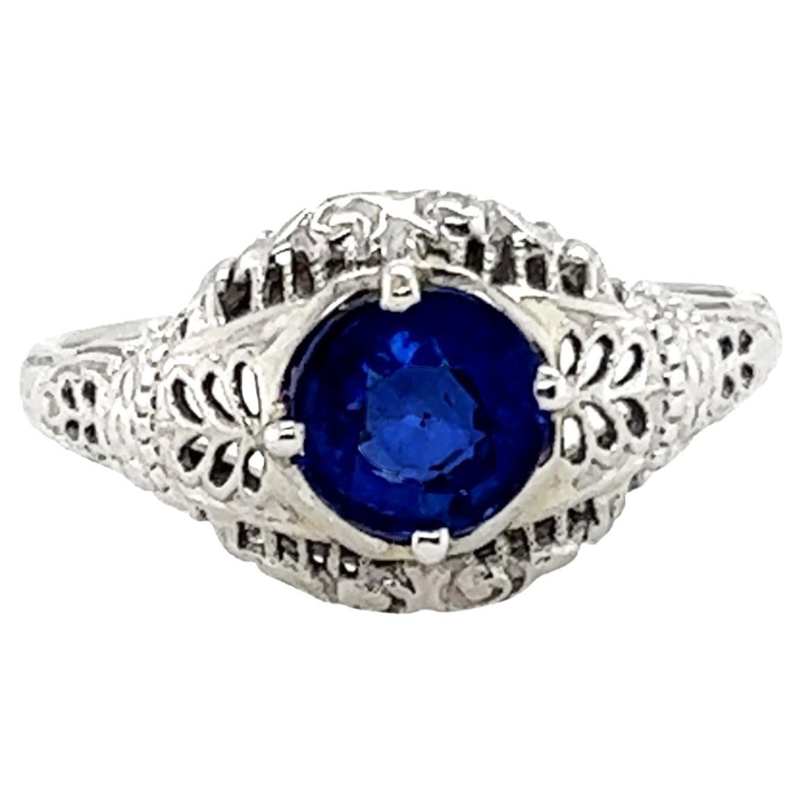 Art Deco Sapphire Ring 1.14 Carat Solitaire Original 1930s Filigree Antique 18k For Sale