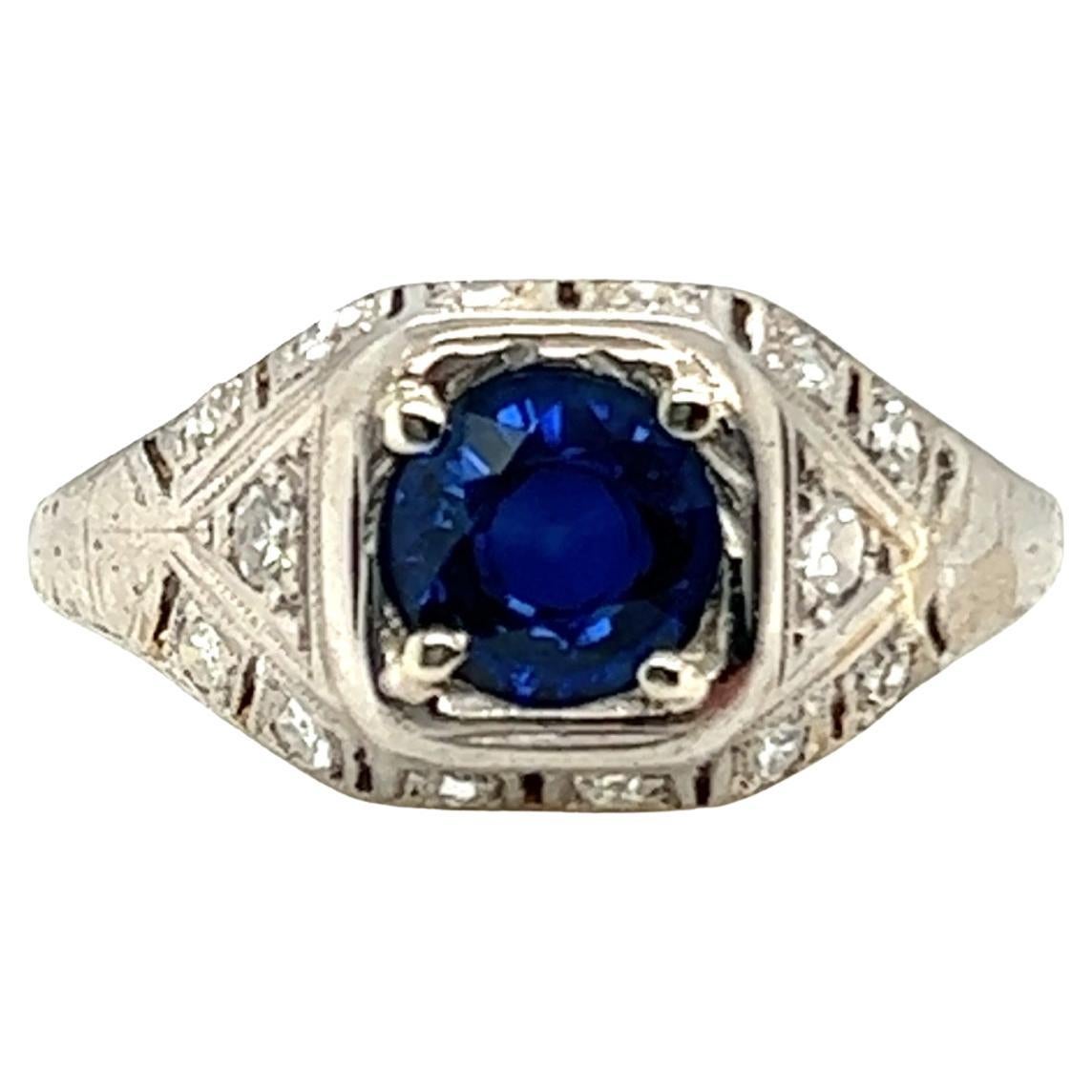 Art Deco Sapphire Ring .82ct Single Cut Diamonds Original, 1930s