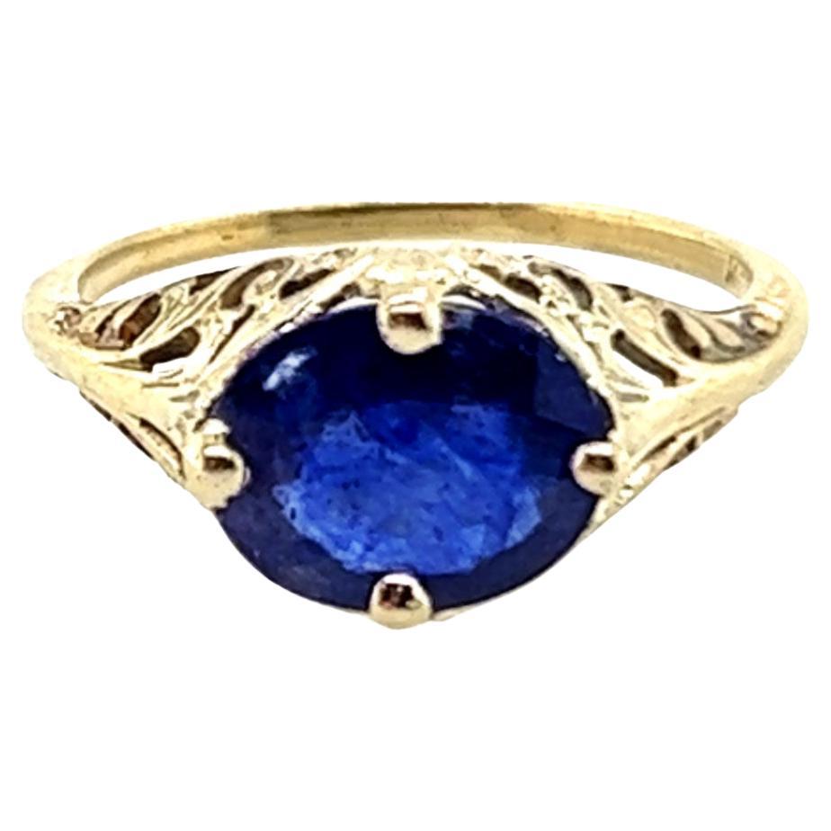 Art Deco Sapphire Ring 2.65ct Oval Sideways Original 1930s Filigree Antique 14k