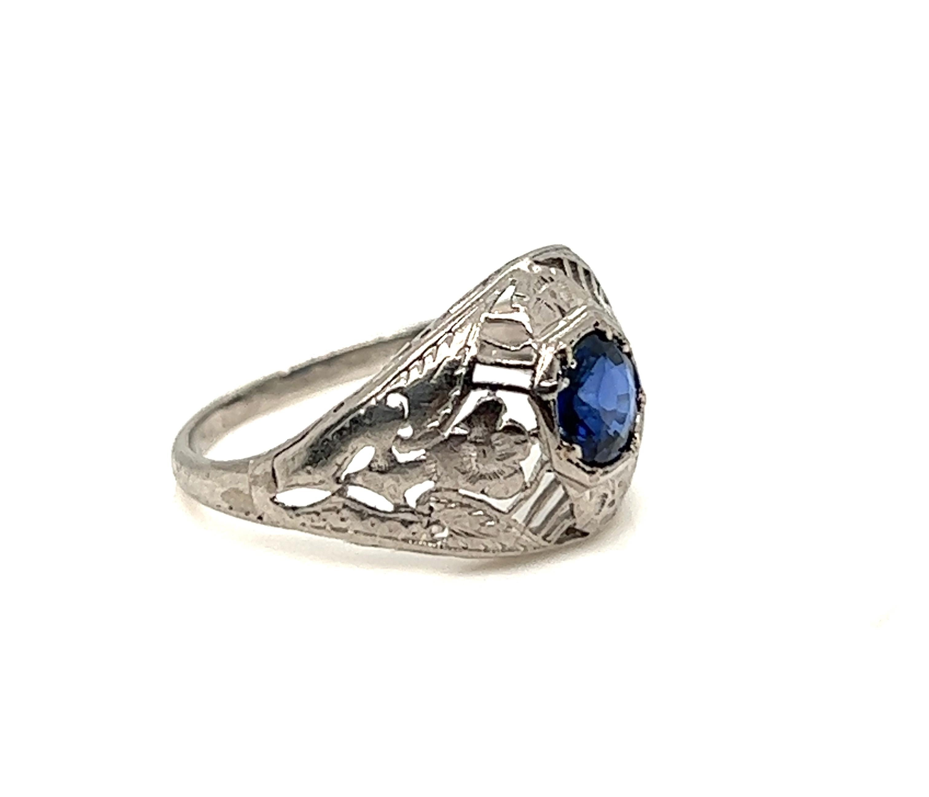 Round Cut Art Deco Sapphire Ring .52ct Vintage Antique Flowers Platinum