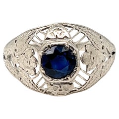 Art Deco Sapphire Ring .52ct Vintage Antique Flowers Platinum