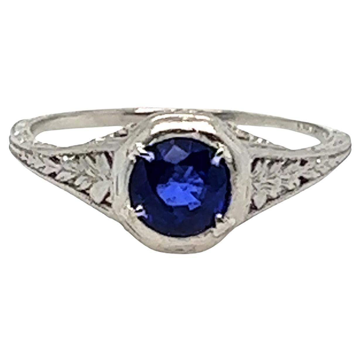 Art Deco Sapphire Ring .57ct Round Original 1930's Antique Vintage Platinum For Sale