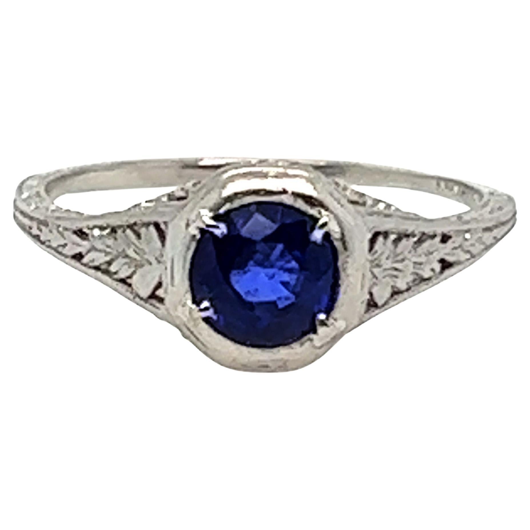 Anello Art Deco con zaffiro tondo da 0,57 carati originale degli anni
30, platino antico e vintage