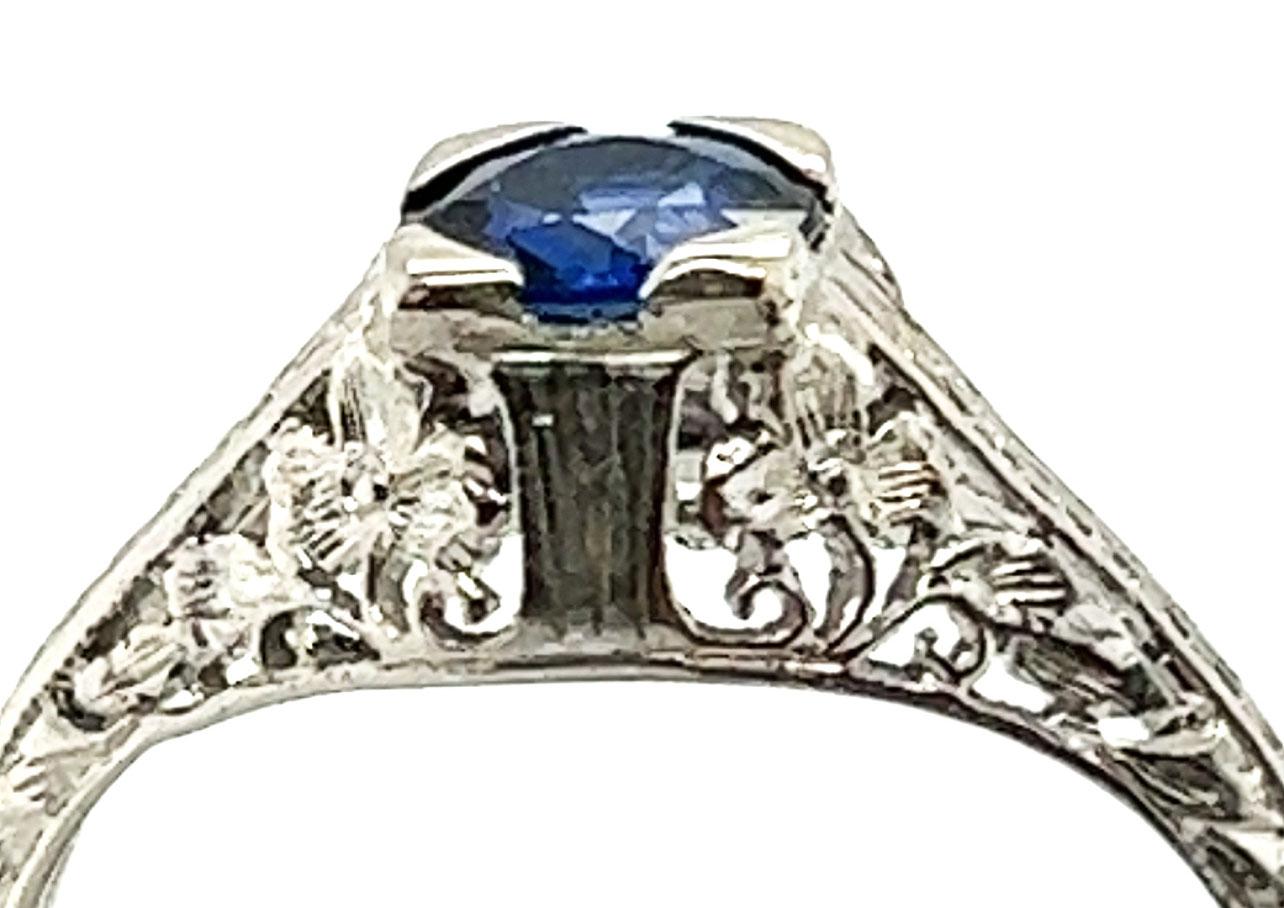Round Cut Art Deco Sapphire Ring .65 ct Round Original 1930's Antique Flowers Platinum For Sale