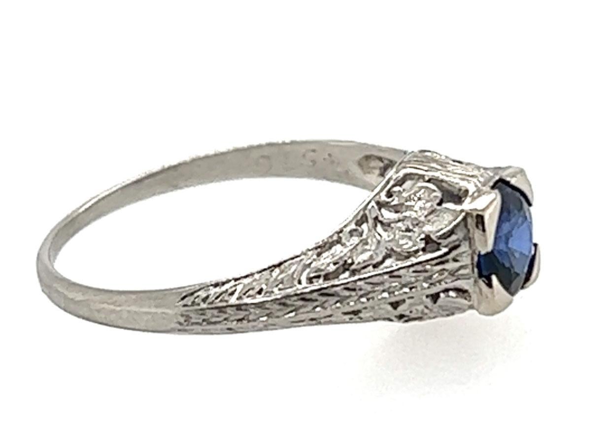 Art Deco Sapphire Ring .65 ct Round Original 1930's Antique Flowers Platinum In Excellent Condition For Sale In Dearborn, MI