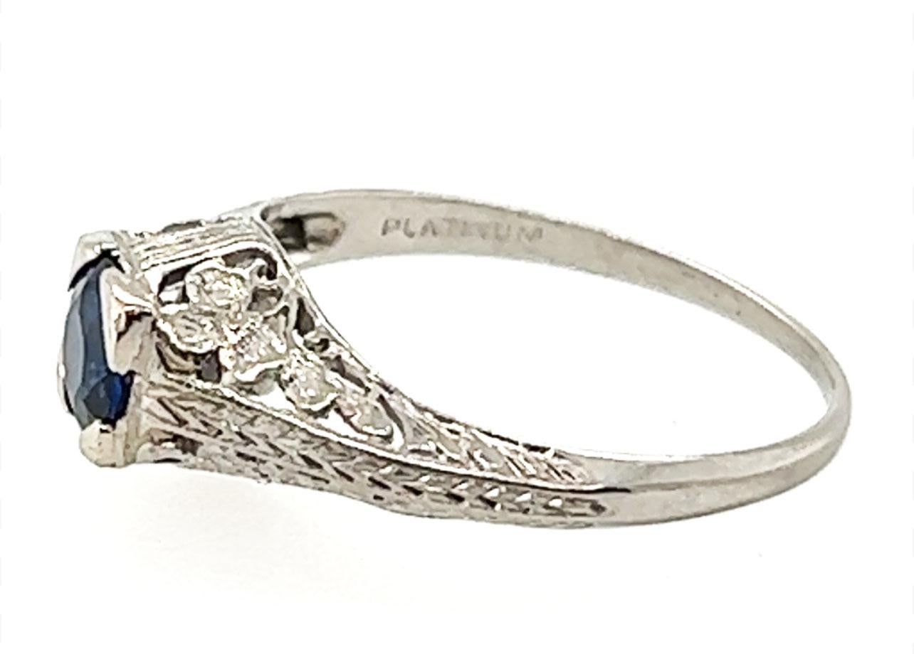 Art Deco Sapphire Ring .65 ct Round Original 1930's Antique Flowers Platinum For Sale 1