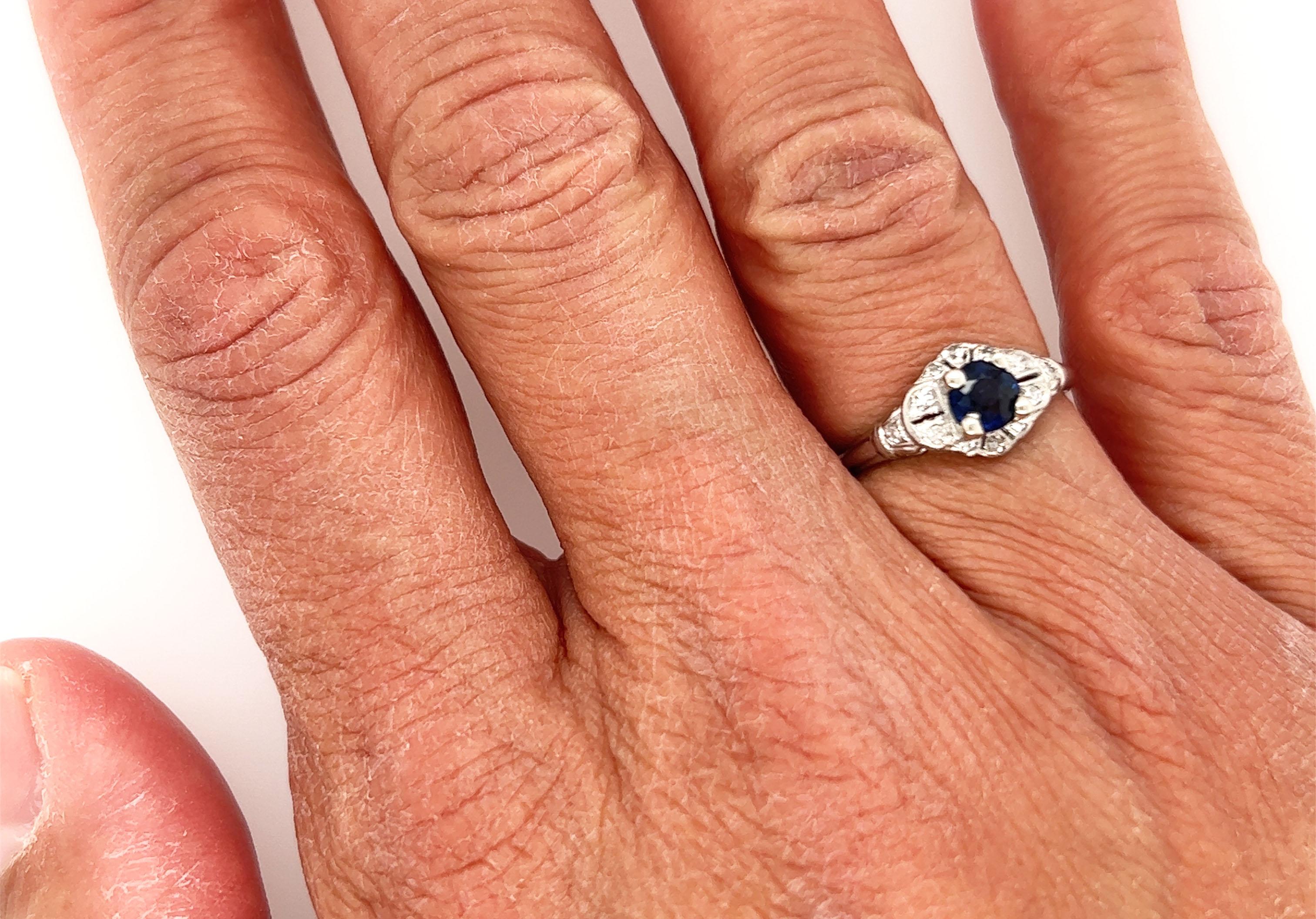Anello Art Deco con zaffiro da 0,80 carati e diamanti a taglio singolo, originale degli anni '30, antico e platinato 1