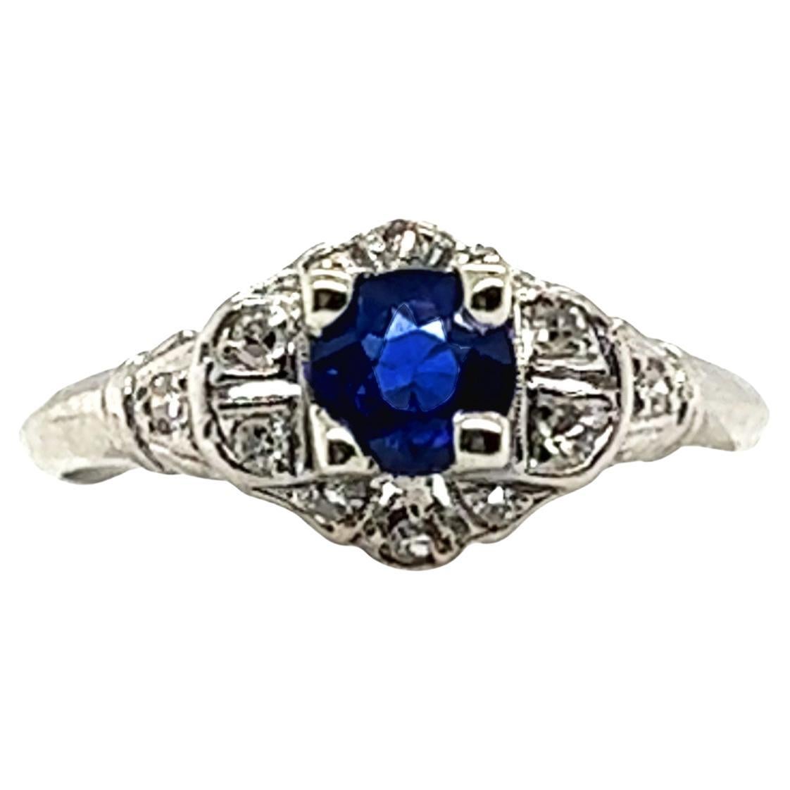 Art Deco Sapphire Ring .80ct Single Cut Diamonds Original 1930's Antique Plat