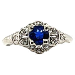 Anello Art Deco con zaffiro da 0,80 carati e diamanti a taglio singolo, originale degli anni '30, antico e platinato