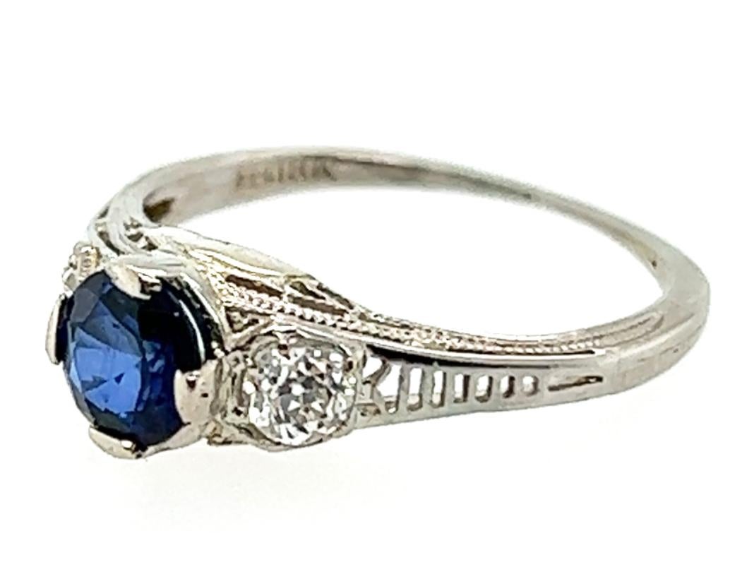 Round Cut Art Deco Sapphire Ring .86 Carat Old European Original 1930s Baskin Brothers 18k
