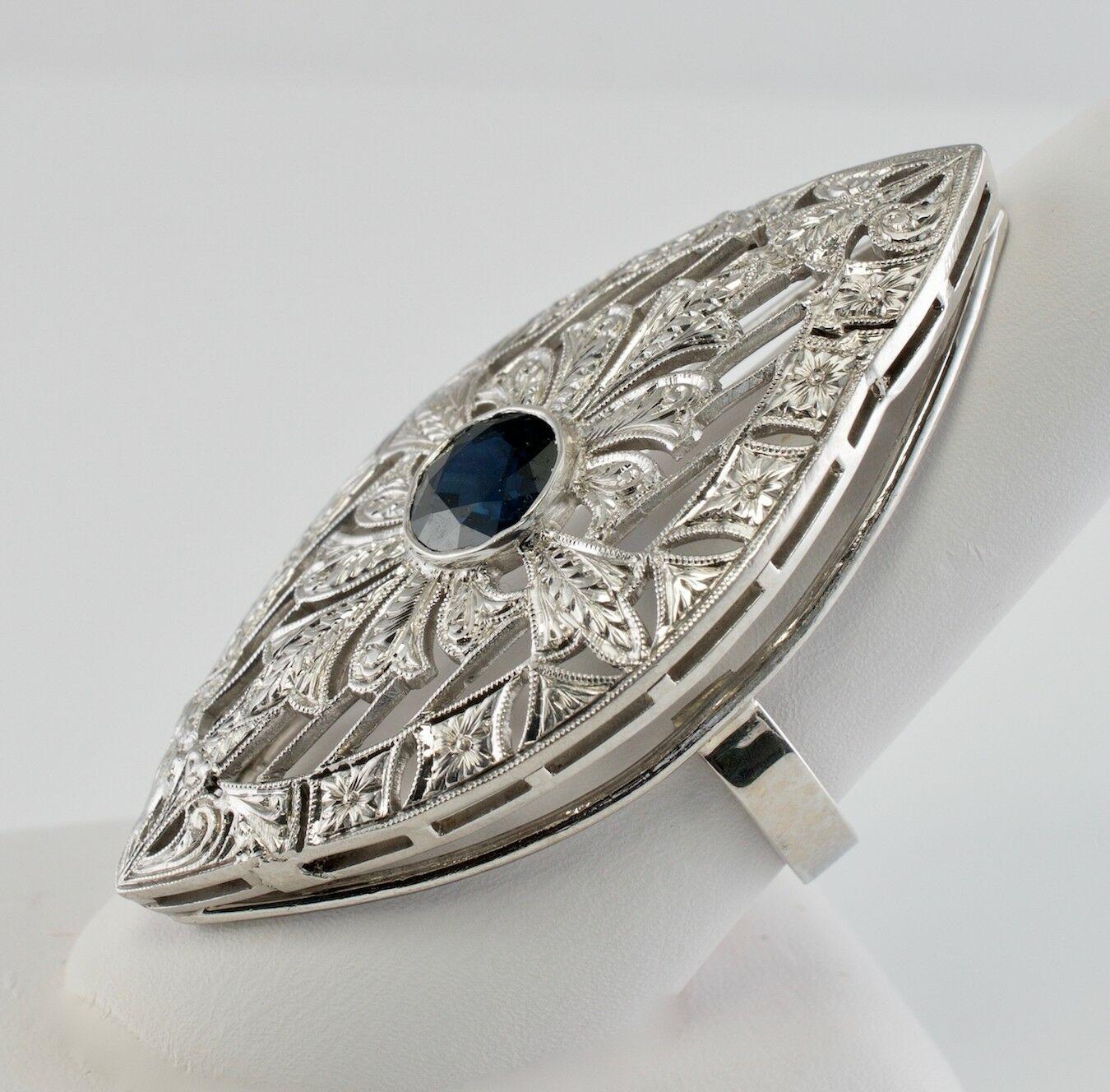 Art Deco Sapphire Ring Shield 18K White Gold Cocktail For Sale 5
