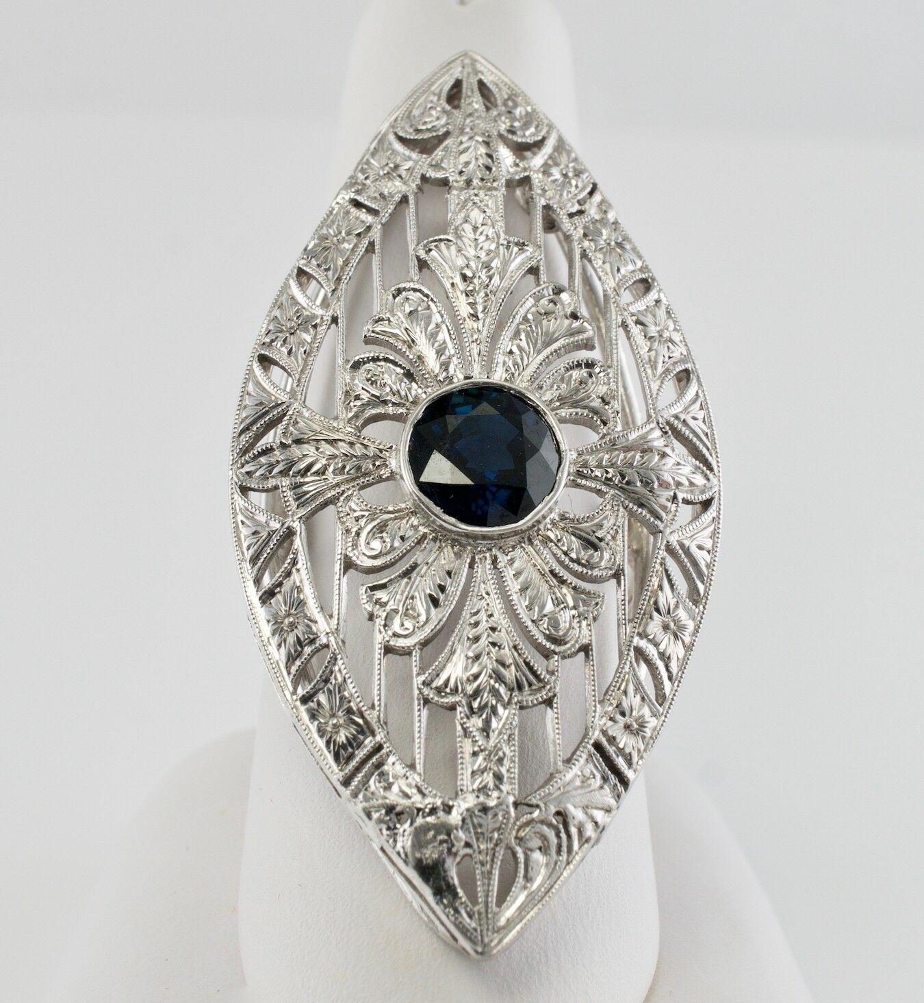Round Cut Art Deco Sapphire Ring Shield 18K White Gold Cocktail For Sale