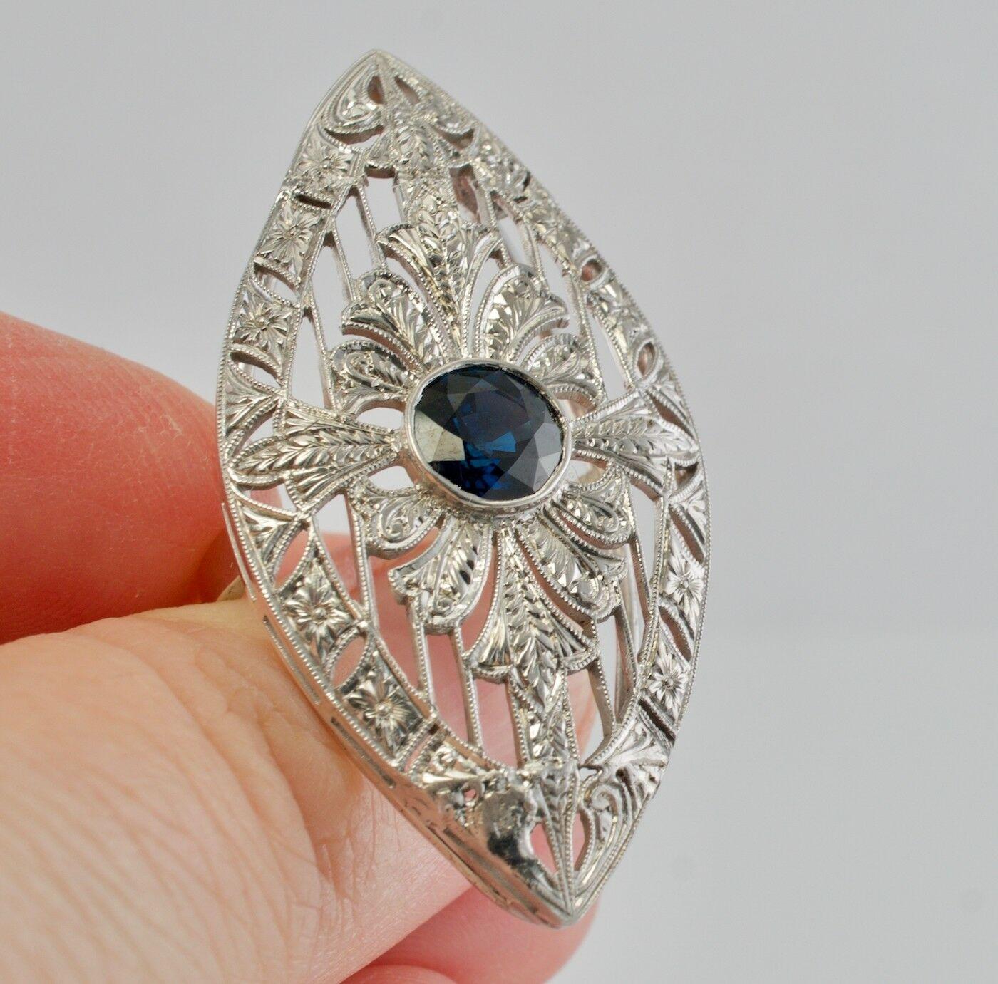 Women's Art Deco Sapphire Ring Shield 18K White Gold Cocktail For Sale