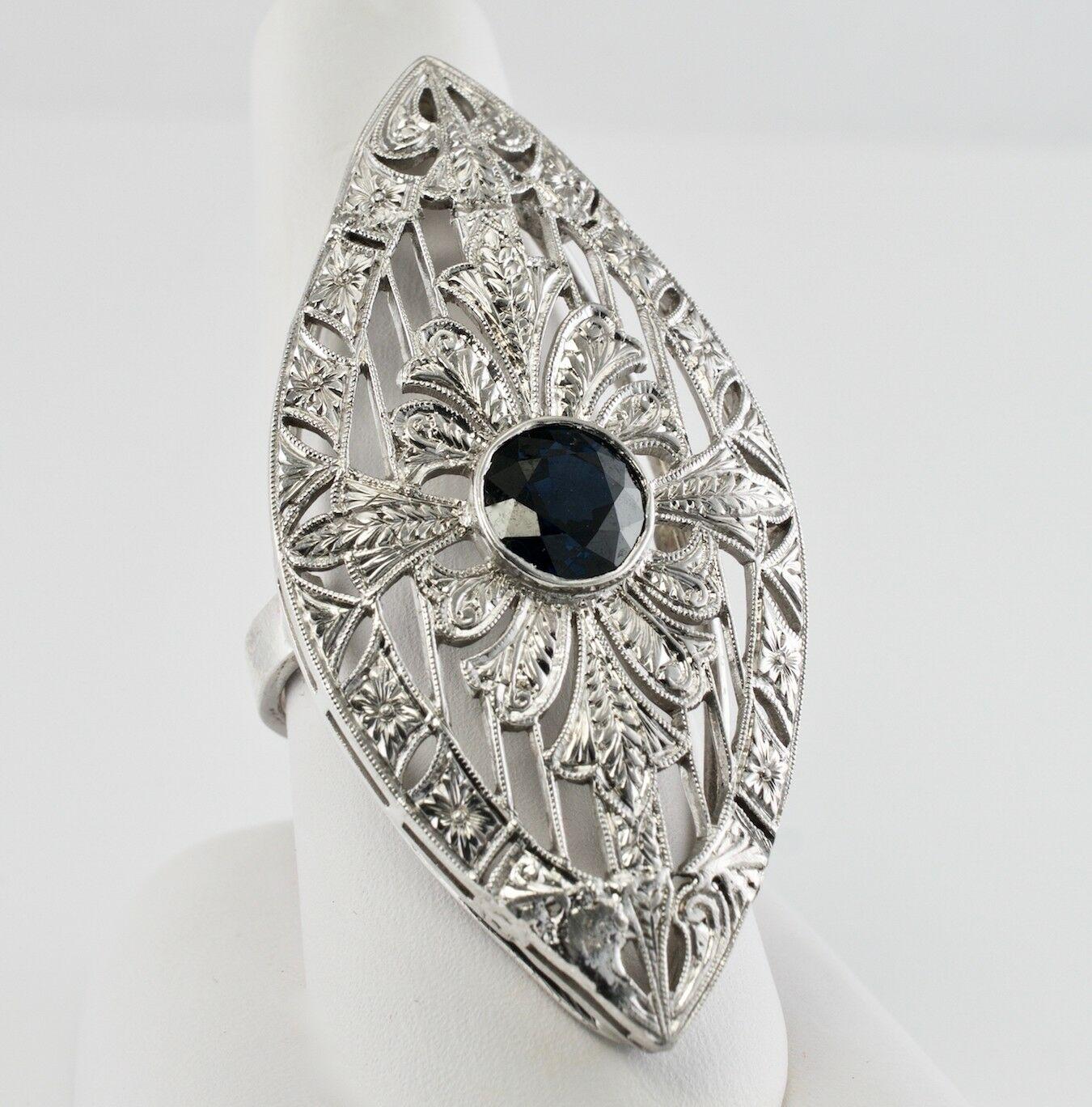 Art Deco Sapphire Ring Shield 18K White Gold Cocktail For Sale 3