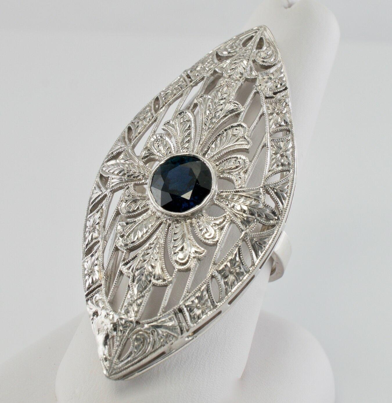 Art Deco Sapphire Ring Shield 18K White Gold Cocktail For Sale 4