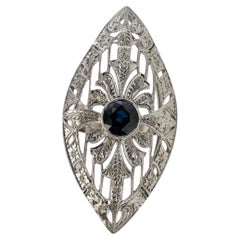 Vintage Art Deco Sapphire Ring Shield 18K White Gold Cocktail