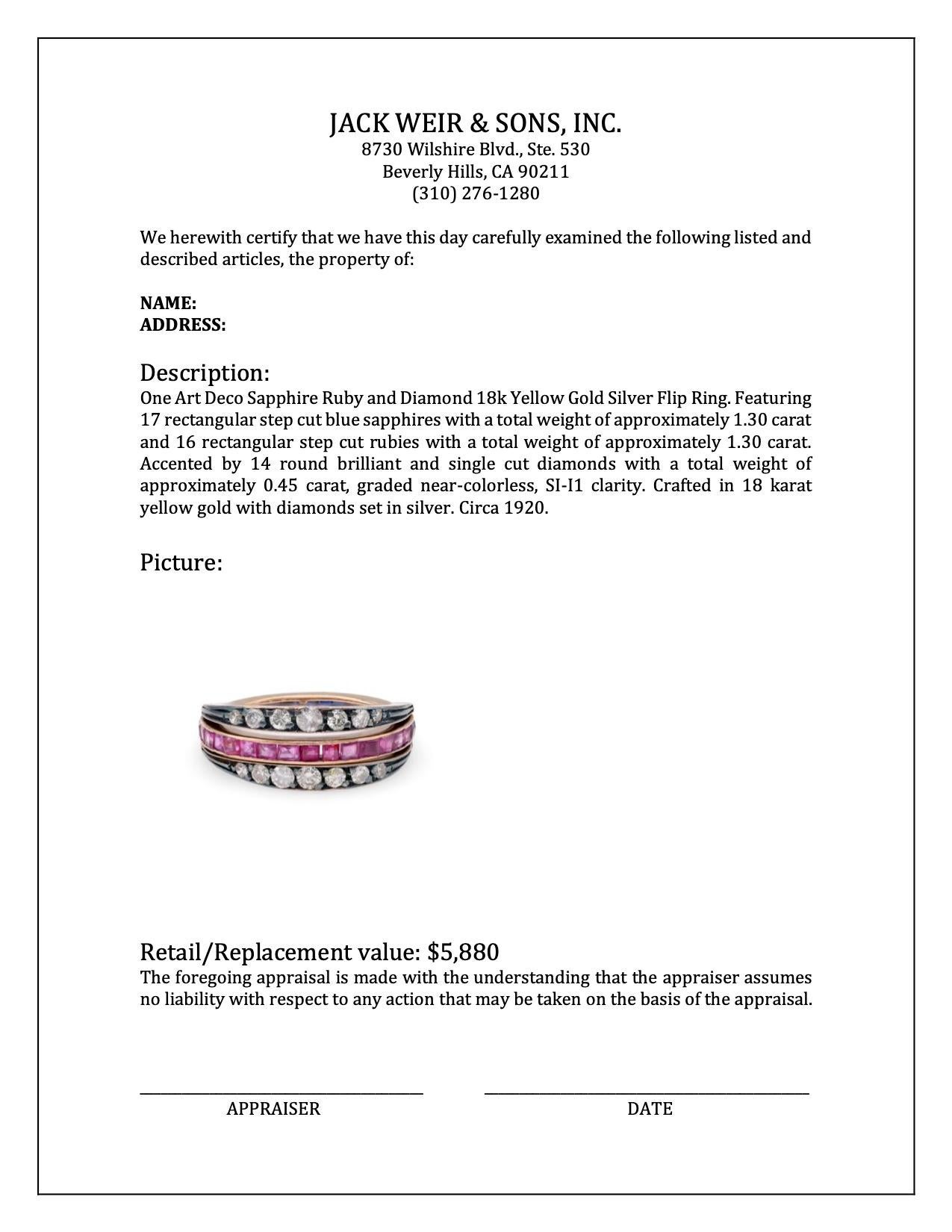 Flip-Ring aus 18 Karat Gelbgold und Silber mit Saphir, Rubin und Diamant im Art déco-Stil für Damen oder Herren im Angebot