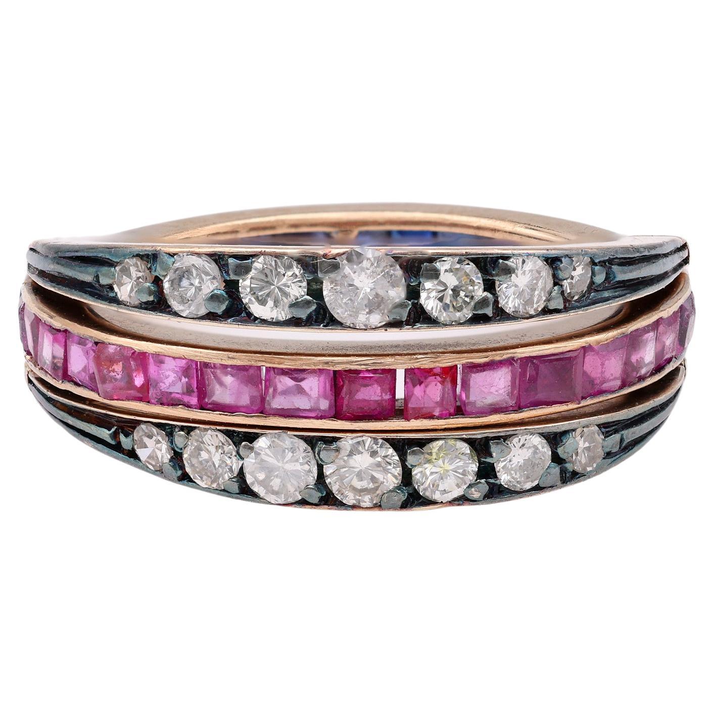 Flip-Ring aus 18 Karat Gelbgold und Silber mit Saphir, Rubin und Diamant im Art déco-Stil