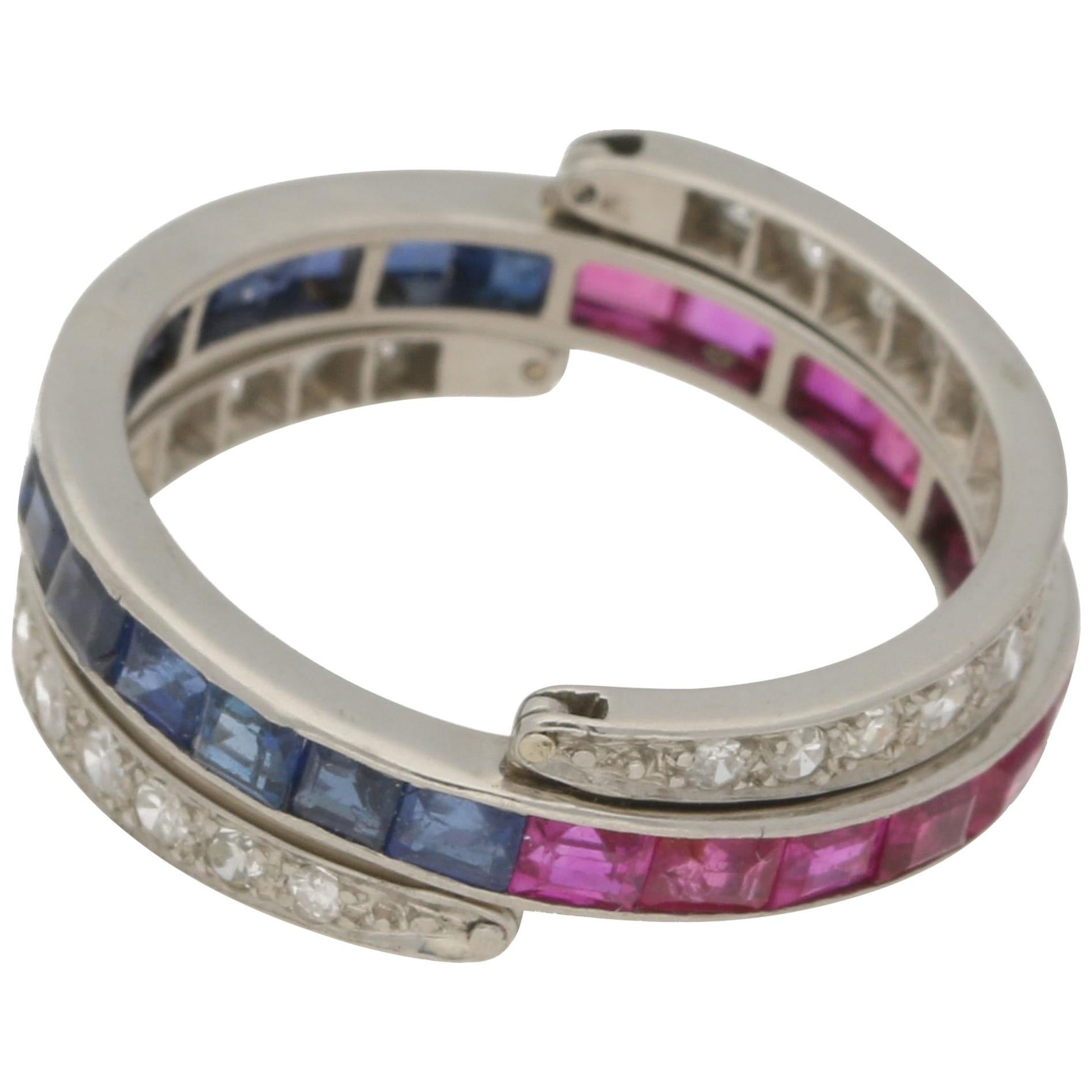 Art Deco Sapphire, Ruby and Diamond Convertible Eternity Flip Ring in Platinum