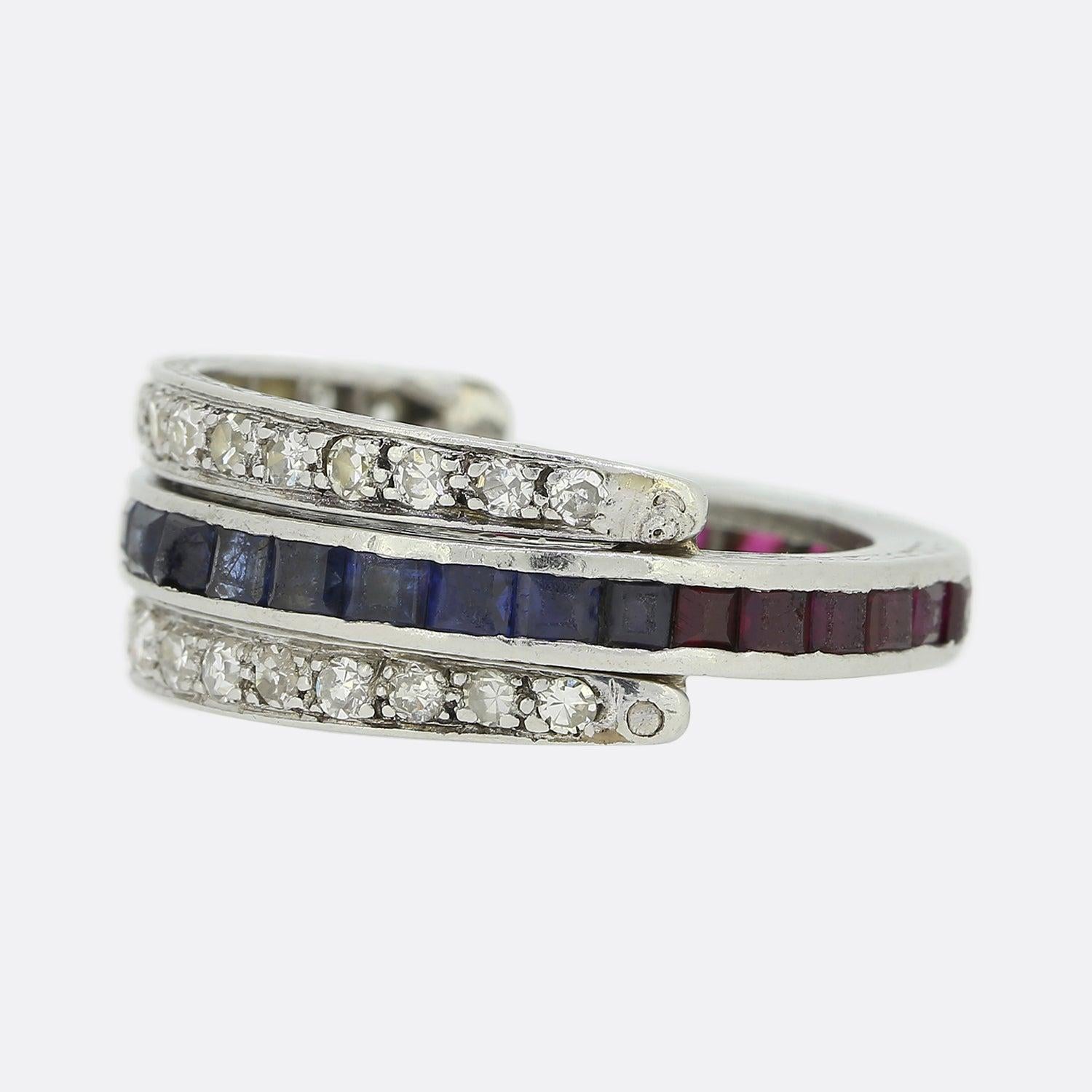 Single Cut Art Deco Sapphire Ruby and Diamond Day and Night Flip Ring For Sale