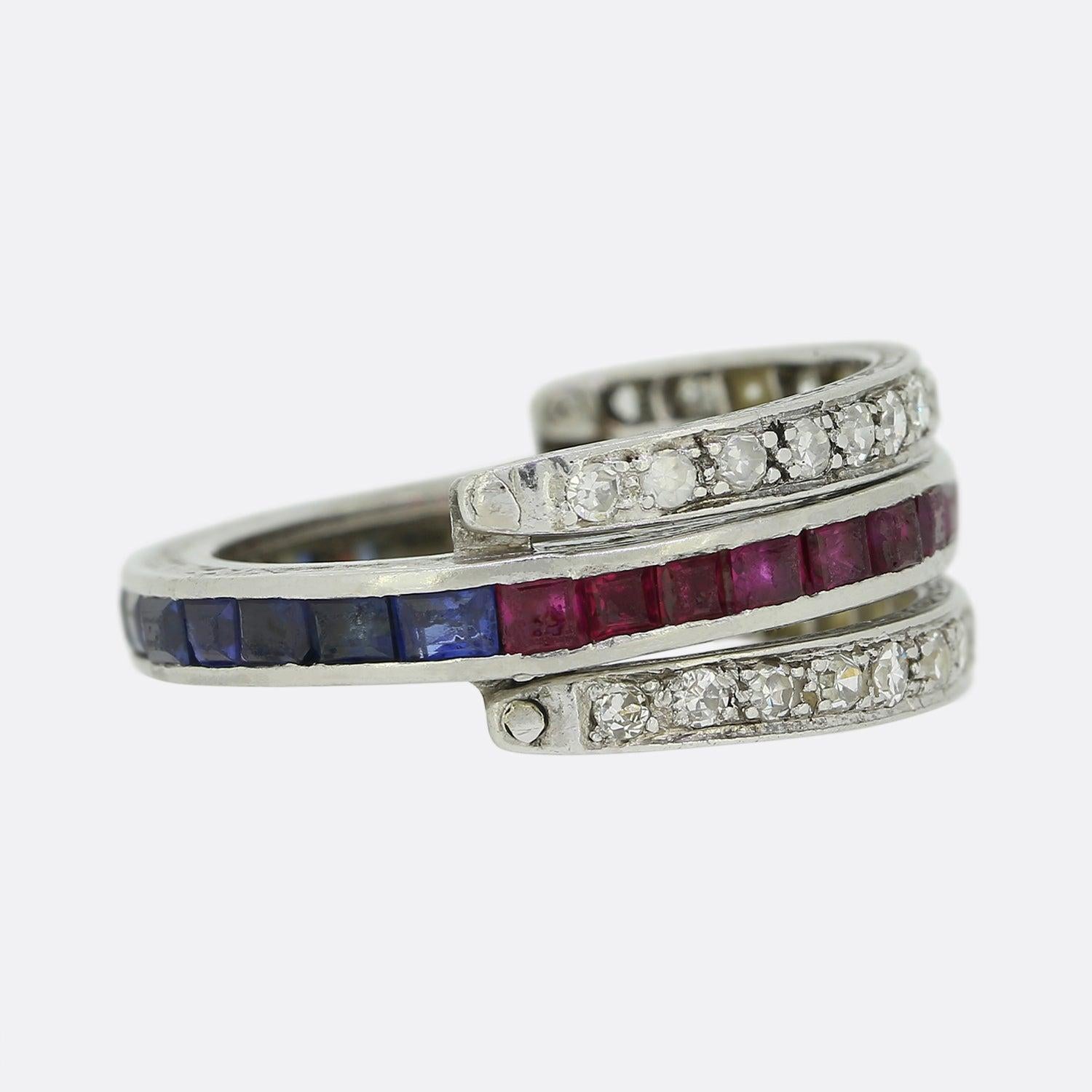 Flip-Ring mit Saphir, Rubin und Diamant im Art-d�éco-Stil für Tag und Nacht (Einfacher Schliff)