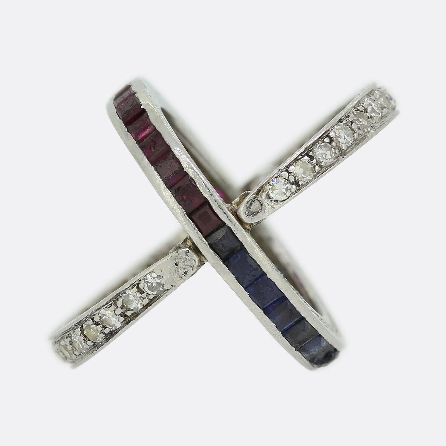 Art Deco Sapphire Ruby and Diamond Day and Night Flip Ring For Sale 1