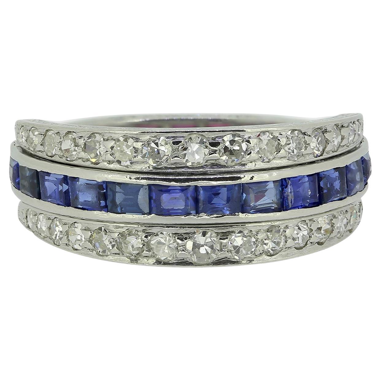Art Deco Sapphire Ruby and Diamond Day and Night Ring Size L (52)