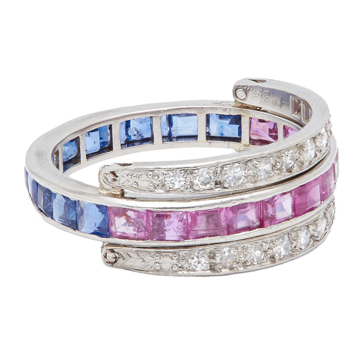 Women's or Men's Art Deco Sapphire, Ruby and Diamond Platinum Flip Ring
