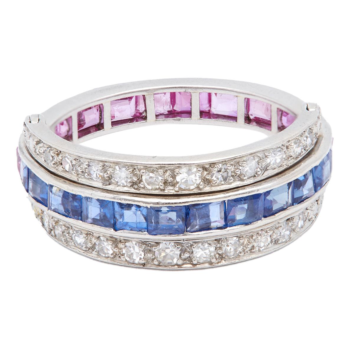 Art Deco Sapphire, Ruby and Diamond Platinum Flip Ring 1