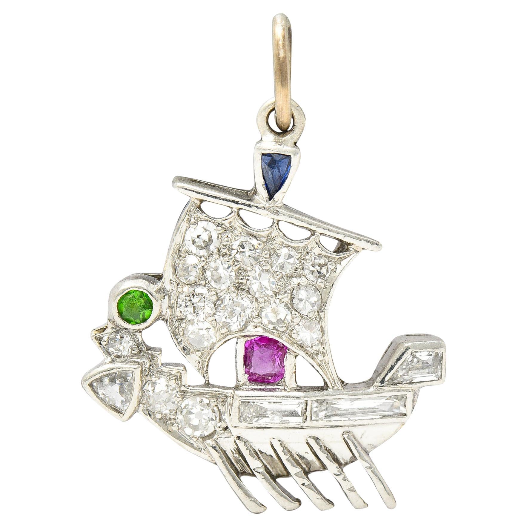 Art Deco Sapphire Ruby Demantoid Garnet Diamond Platinum Viking Ship Charm