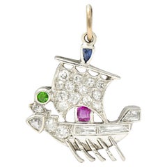 Art Deco Sapphire Ruby Demantoid Garnet Diamond Platinum Viking Ship Charm